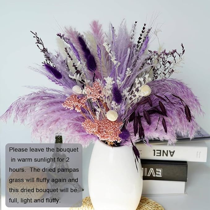 Natural Dried Pampas Prairie Bouquet, 17 "Natural Dried Bouquet, Purple Pampas and Millet Flower Mixed Bouquet Bohemian Style Family Wedding Dried Flower Decoration