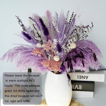 Natural Dried Pampas Prairie Bouquet, 17 "Natural Dried Bouquet, Purple Pampas and Millet Flower Mixed Bouquet Bohemian Style Family Wedding Dried Flower Decoration