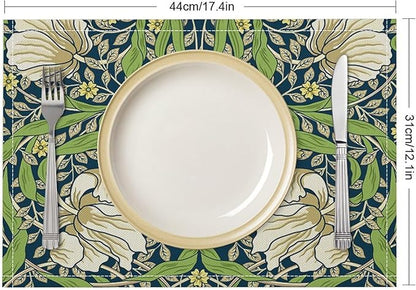 William Morris Flower Placemats Set of 6, Retro Boho Botanical Plant Place Mats, Heat Resistant Non Slip Cotton Linen Dining Table Mats for Home Kitchen Party 18x12 Inch