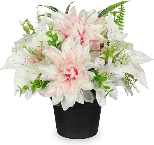 Pink Artificial Flowers Small Fake Flowers in Vase Peonies Dahlia Tiger Lily Potted Silk Flower Arrangements Faux Plants & Flowers Home Bathroom Kitchen Table Centerpieces Desk Decor