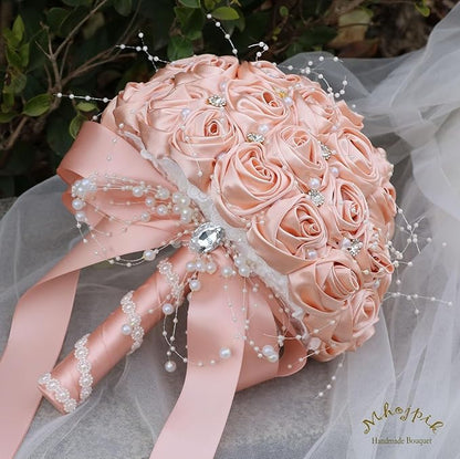 Bridal Wedding Bouquet Round Bling Brooch Bouquet Throw Toss Artificial Rose Flower Bunch for Bride Bridesmaid Wedding Quinceanera(Peach Pink, 8.7")