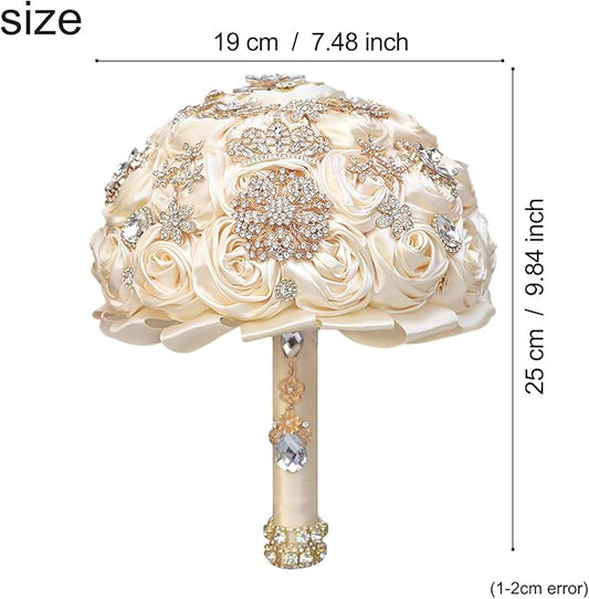 Handmade Satin Rose Floral Bling Pearl Decor Bridal Wedding Bouquet Rhinestone Pendant Artificial Brooch Flowers for Bride Bridesmaid Quinceanera