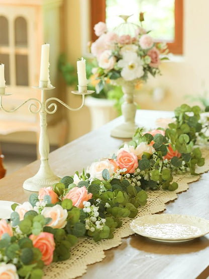6FT Artificial Eucalyptus Garland with 10 Pink Roses and Baby Breath Flower Greenery Garland for Table Centerpiece Party Wedding Decor Indoor Outdoor Backdrop Wall Decorations