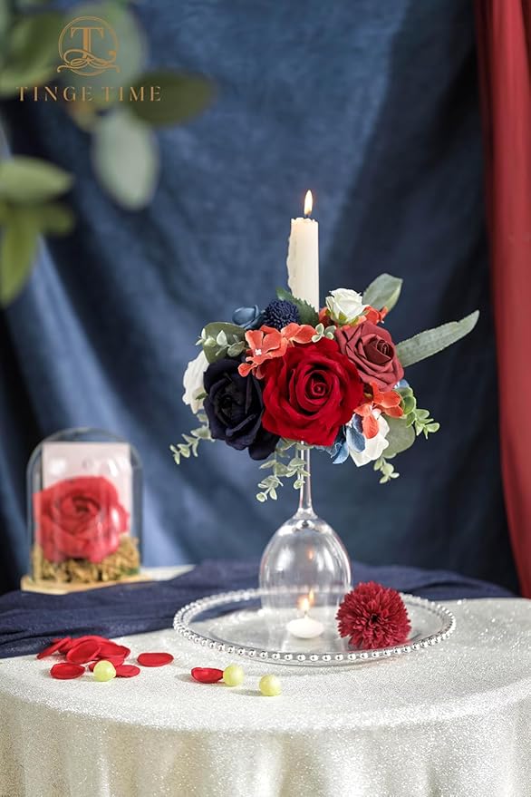 TINGE TIME Artificial Flowers Combo Mix Silk Flowers Navy Blue Roses w/stem for DIY Wedding Bridal Bouquets Baby Shower Floral Arrangement Table Centerpieces Home Decorations (Red & Navy Blue & White)