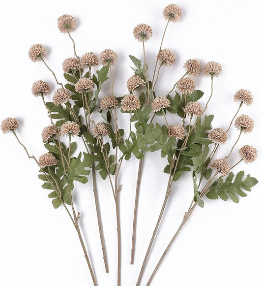 mizii 6Pcs Fake Silk Pompon Mum Artificial Flowers Bulk Small Faux Chrysanthemums with Stems Realistic Floral Decorations for Wedding DIY Bouquet Centerpieces Shower Vase Home Decor (Khaki)