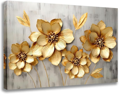 GLOKAKA Gold Metallic Flowers Print Wall Art Elegant Floral Flower Canvas on Grey Background Painting Picture Artwork for Living Room Bedroom Bathroom Decor (Gold Metallic Flowers, 18"x12")