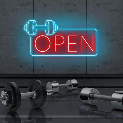Gym Fitness Open Neon Sign, Dumbbell Open Led Sign, Weightlifting Led Light, Barbell Neon Light, Gym Open Wall Art Decor, House Wall Sign Decor for Business Window Open Signs, Fitness Club Decor