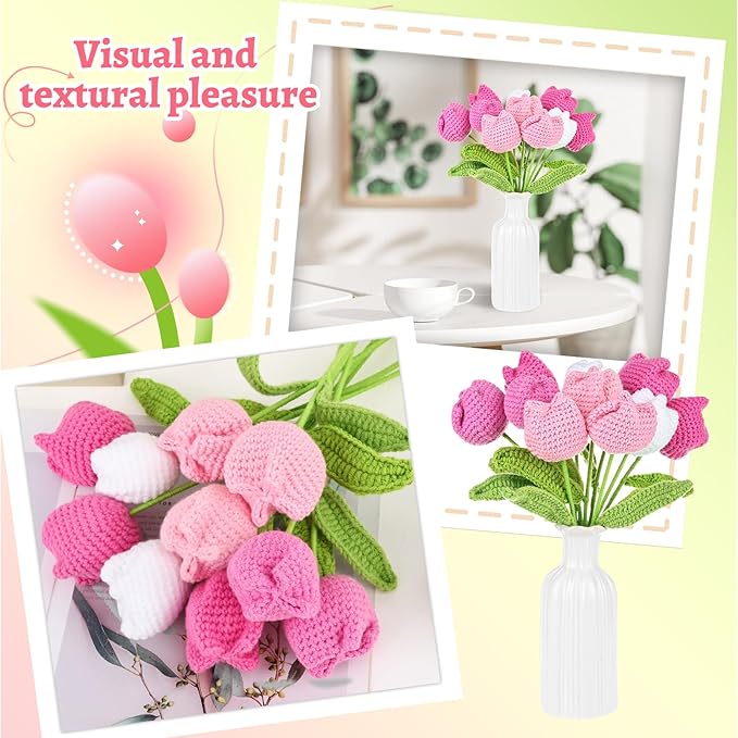 10 Pcs Crochet Tulip Flowers Artificial Flowers Bouquet Finished Handmade Knitted Tulip Bouquets with Leave and Long Stem for Home Centerpieces Decor Valentine's Day Wedding Anniversary (Pink tulips)