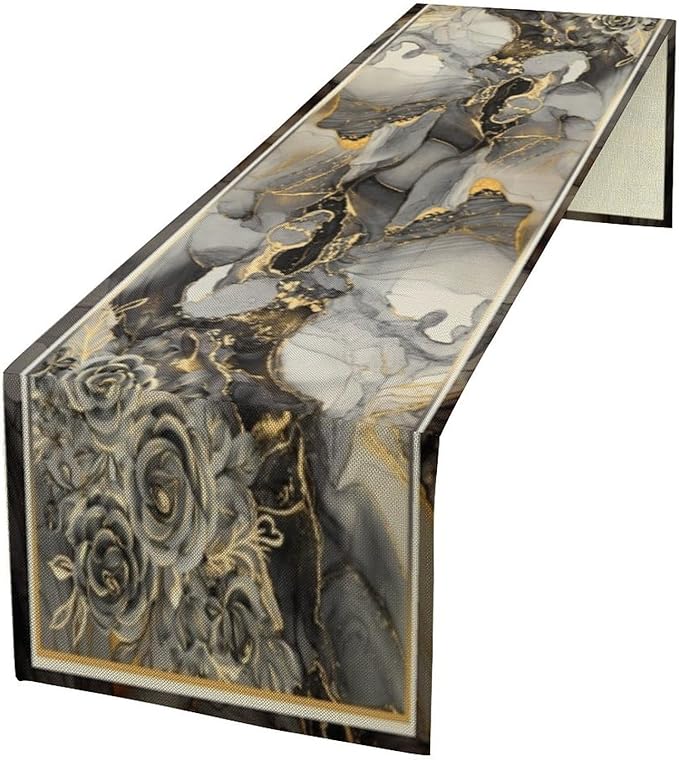 Grey Marble Flower Table Runner, Black Grey Marble Golden Veins Abstract White Natural Texture Floral Dinner Runner Table Decoration for Home Kitchen Dining Holiday Party 13x60in