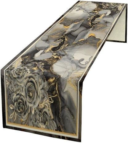 Grey Marble Flower Table Runner, Black Grey Marble Golden Veins Abstract White Natural Texture Floral Dinner Runner Table Decoration for Home Kitchen Dining Holiday Party 13x36in