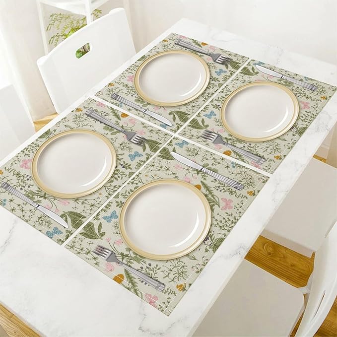 Botanical Placemats Set of 6, 17x12 Inch Butterfly Green Leaf Colorful Wildflower Vintage Rustic Style Table Mats for Home Party Kitchen Dining Decor