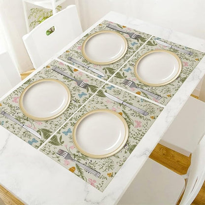 Botanical Placemats Set of 6, 17x12 Inch Butterfly Green Leaf Colorful Wildflower Vintage Rustic Style Table Mats for Home Party Kitchen Dining Decor