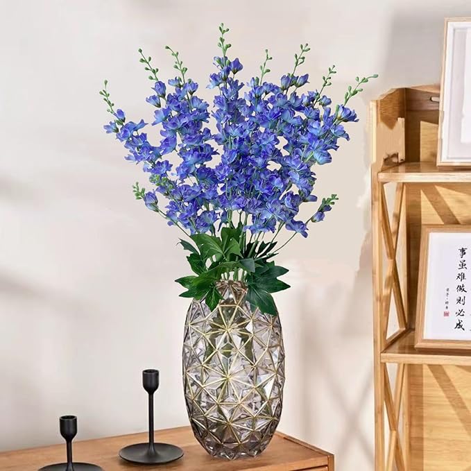 8 pcs Blue-Purple Delphinium Artificial Flowers, 34.25''Artificial Snapdragon Flowers Tall Fake Flowers Silk Flowers Faux Delphinium Bulk for Tall Vase Home Wedding Garden Table Decor (Blue-purple)