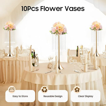 10 Pack Acrylic Crystal Flower Vases, Trumpet Shape Centerpiece with Hand-Strung Beads, Flower Stand Wedding Centerpieces on Floor for Wedding Aisle Decor, Event Centerpieces Decoration (Gold)
