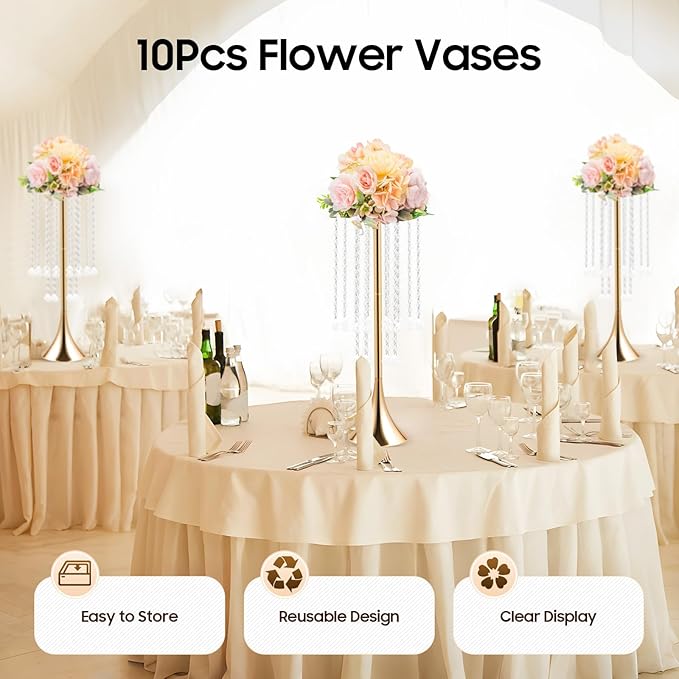 10 Pack 21.9"/55.6cm Tall Crystal Beaded Flower Stands, Metal Wedding Centerpiece Vases for Table/Aisle Decor - Reusable Event Centerpieces for Home, Party, Hotel (Gold)