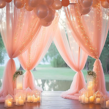 30ft x 10ft Peach Backdrop Curtain with Lights String for Parties, Sheer Tulle Wedding Photo Backdrops Drapes for Baby Shower Birthday Party Decorations Background for Photography