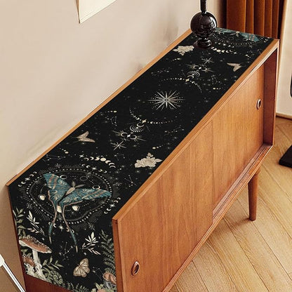 Gothic Moth Table Runner, Boho Gothic Sun Moon Phase Mystical Mushroom Floral Witchy Farmhouse Coffee Table Center Decor for Home Kitchen Dining Patio Holiday Party Table Decorations 13x72 inches