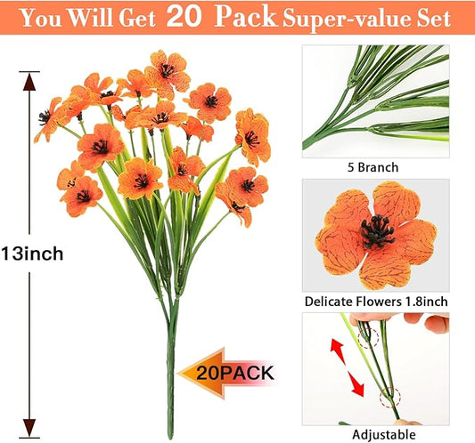 20 Bundles Fall Flowers Artificial for Halloween Decoration, Fake Flowers Faux Plants Silk Colorful Daisy Eucalyptus Realistic UV Resistant for Garden Patio Porch Box Home Decor, Orange