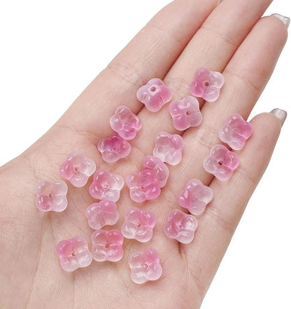 100PCS Glass Flower Beads for Jewelry Making 4 Petal Flower Bead Caps Gradient Cute Floral Beads Aesthetic Charms for Necklace Bracelets Earrings DIY Craft Home Decoration-Pink