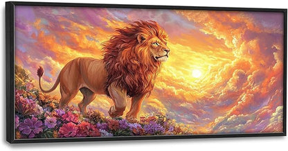 Lion Large Wall Art Animal Flower Pictures Wall Decor Sunset Floral Canvas Landscape Print Painting Modern Home Artwork Decoration for Bathroom Office Living Room Bedroom Framed 60"x30"
