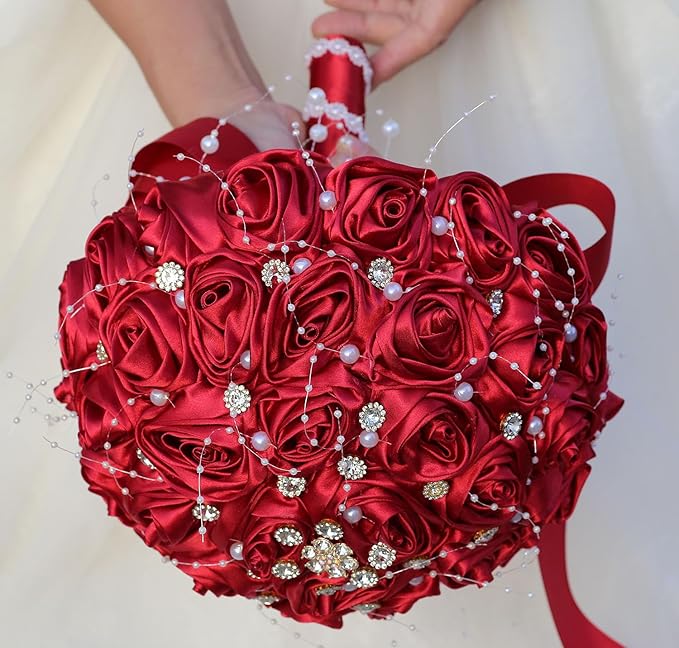 Bridal Wedding Bouquet Round Bling Brooch Bouquet Throw Toss Artificial Rose Flower Bunch for Bride Bridesmaid Wedding Quinceanera(Ruby Red, 8.7")