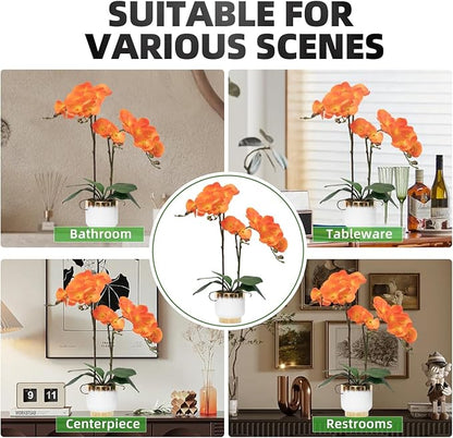 CXGS Orchids Artificial Flowers Real Touch Fake Flowers in Ceramic Pot 20" Orange Faux Orchid Plant Lifelike Silk Phalaenopsis for Centerpiece Hotel Home Indoor Decor