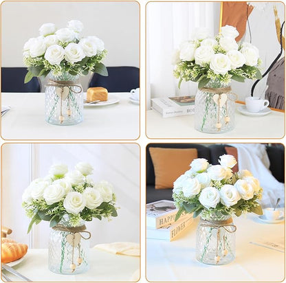 Fake Flowers in Vase,Fake Flowers with Vase 18 Pcs Faux Rose Flowers,Artificial Flowers for Home Decor, Indoor Centerpiece for Living Room & Dining Table (White)