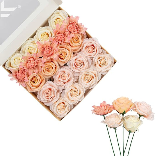 FANKO Artificial Flowers Fake Rose Combo, 5 Mixed Silk Flowers Bouquet Yellow Champagne Rose Cream Roses, Pink Dahlia for DIY Wedding Bridal Bouquets/Centerpieces/Home Decorations