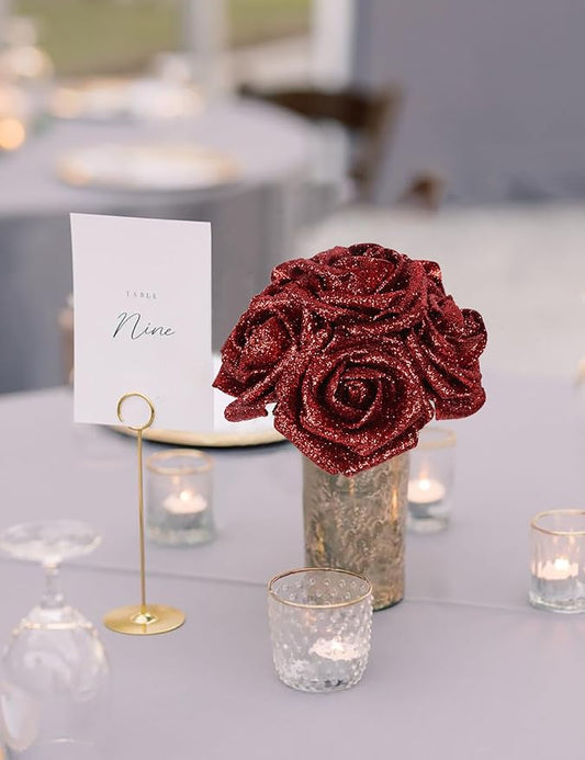 Red Glitter Roses 30pcs Fake Red Roses Real Looking 2.56" Glitter Flowers Faux Roses with Stems Foam Roses for Bridal Shower Decorations Wedding Bouquet Decor