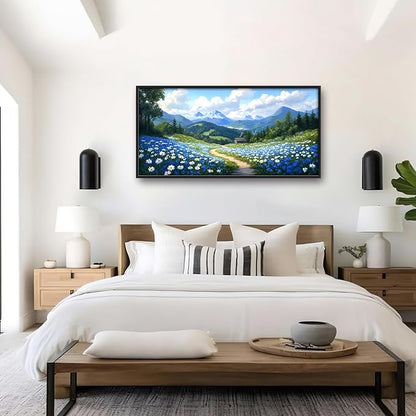 Mountain Large Wall Art Framed Wall Decor for Living Room Countryside Wildflowers Pictures Oversized Canvas Print Painting Modern Extra Large Framed Artwork for Bedroom Office 60"x30"