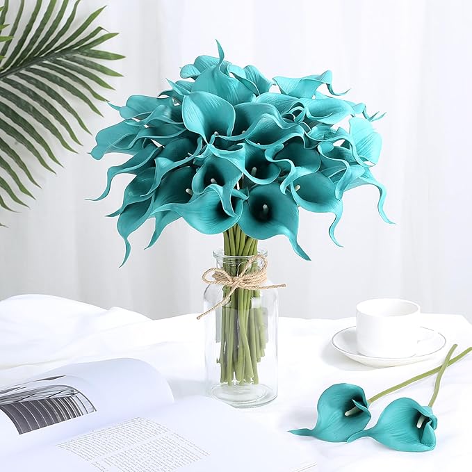 24 Pcs Teal Flowers Artificial Calla Lily Flower Fake Teal Silk Flowers Real Touch for Wedding Bouquet Home Kitchen Decor