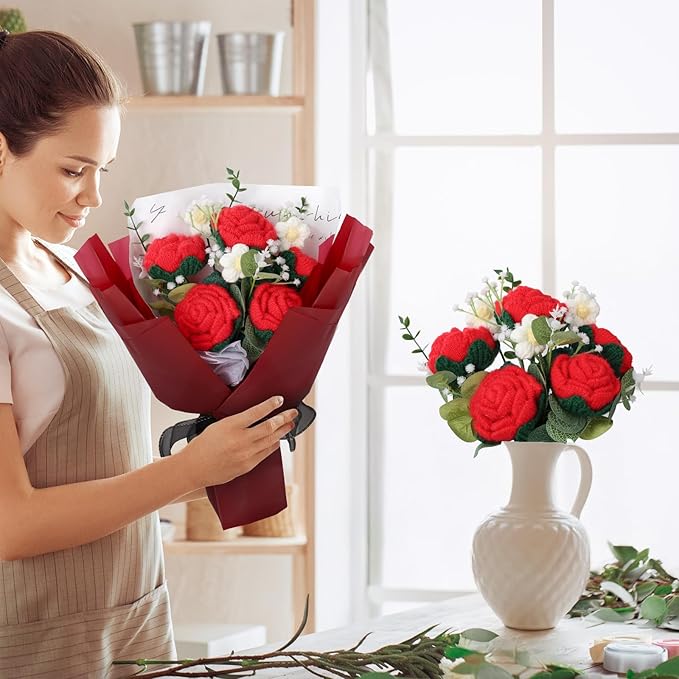 Foyucool Crochet Flowers Bouquet, Handmade Knitted Rose Bouquet with Gift Bag for Home Deocor, Crocheted Finished Flower for Wedding, Mother's Day, Teachers' Day and Valentine's Day, Rose Red
