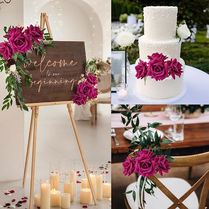 Rose-red Fake Roses with Stems,10pcs Soft Real Touch Silk Faux Roses Bouquet, Lifelike Artificial Rose for Wedding Table Centerpieces Party Home Decoration