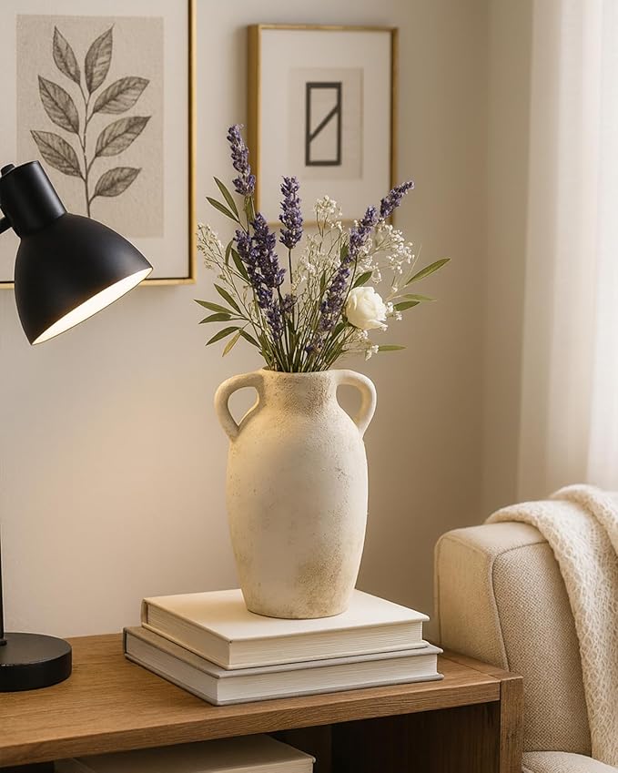 Ceramic Flower Vase Home Decor – 9.8 Inch Pottery Rustic Farmhouse Decorative Vase with Handles for Table Centerpiece, Shelf & Mantel, Beige