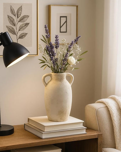 Ceramic Flower Vase Home Decor – 9.8 Inch Pottery Rustic Farmhouse Decorative Vase with Handles for Table Centerpiece, Shelf & Mantel, Beige
