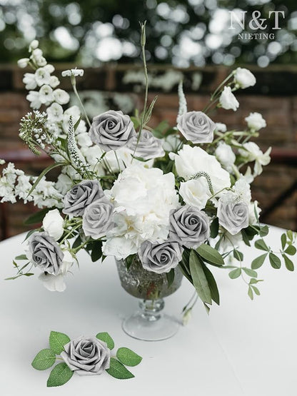 N&T NIETING Artificial Flowers, 25pcs Fake Flowers with Stems for Cake Decoration DIY Wedding Party Baby Shower Decoration, Silver White and Silver Grey