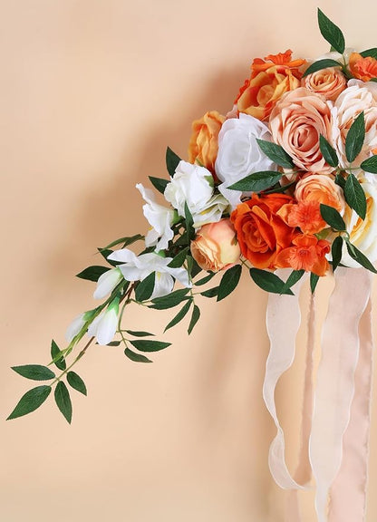 Wedding Bouquet,10 Inch Terracotta Bouquet Cascading Bridal Bouquets for Bride for Wedding Ceremony and Anniversary(Orange)
