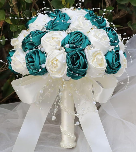 Bridal Wedding Bouquet Round Bling Brooch Bouquet Throw Toss Artificial Rose Flower Bunch for Bride Bridesmaid Wedding Quinceanera(Dark Green & Ivory, 6.3")