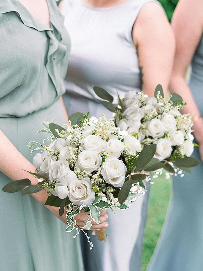 Meldel Ivory Bridesmaid Bouquet Set of 6, White Wedding Bouquets for Bridesmaids, 8.5 Inch Wedding Floral Arrangements Flowers Table Centerpieces Decor Artificial Flower Bouquet for Prom Party