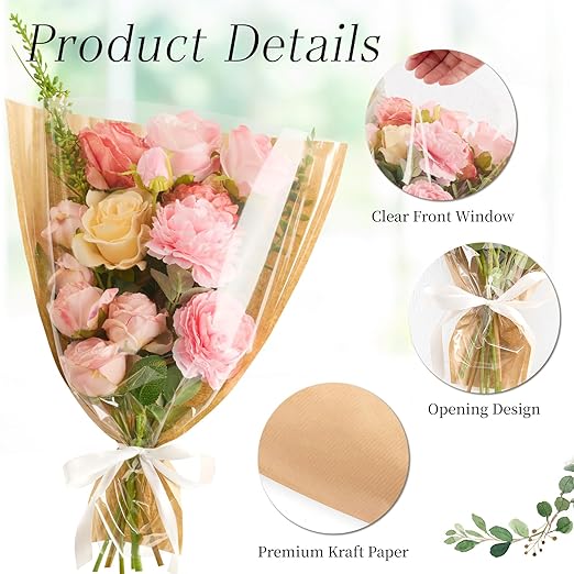 CLUEWR 50 PCS Flower Bags for Bouquets, Floral Wrapping Sleeves with Ribbons Florist Wrap Supplies, 15.7 x 13.7 Inches