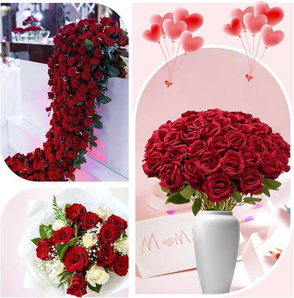 Red Roses Artificial Flowers Bulk, 52Pcs Fake Roses Flower Arrangement, DIY Silk Flowers Roses Bouquet, Realistic Faux Artificial Roses for Mother's Day Home Table Decor