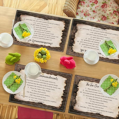 10 Commandments Placemats Set of 6, Ten Commandments Place Mats Washable Double-Sided Table Mats for Kitchen Dining Room Home Party Indoor 6 PCS 12x18 Inch