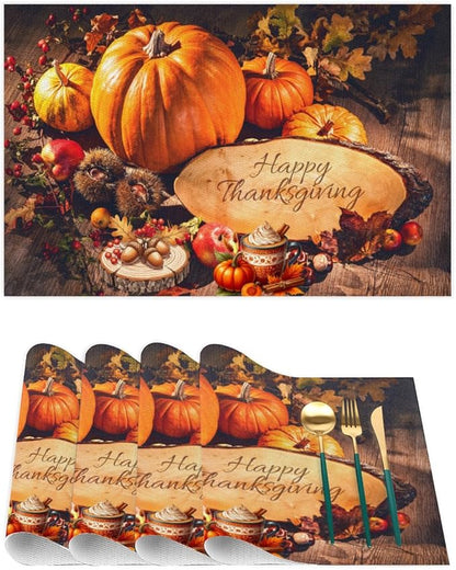 Thanksgiving Holiday Modern Pumpkins Placemats Set of 6 PVC Vinyl Non Slip Table Mats Heat Resistant Place Mats Washable Wipeable Dining Table Mat for Kitchen Party Indoor Outdoor Decorative Gift
