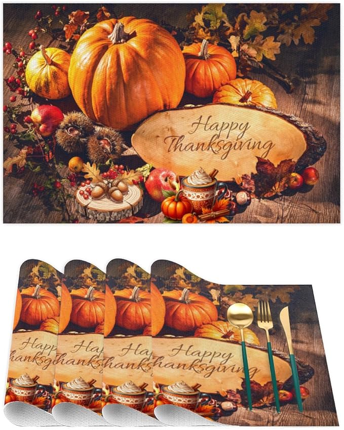 Thanksgiving Holiday Modern Pumpkins Placemats Set of 4 PVC Vinyl Non Slip Table Mats Heat Resistant Place Mats Washable Wipeable Dining Table Mat for Kitchen Party Indoor Outdoor Decorative Gift