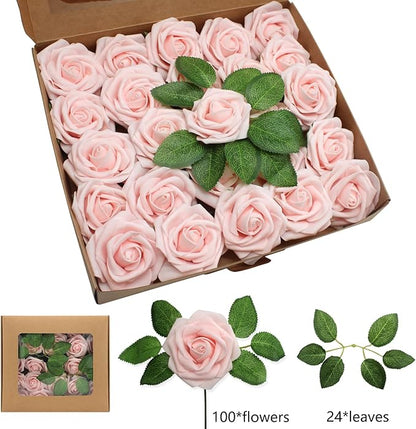 Light Pink Artificial Roses Flowers 100pcs Real Looking Foam Fake Roses with Stems for DIY Wedding Bouquets Bridal Shower Centerpieces Party Decorations (100, Light Pink)