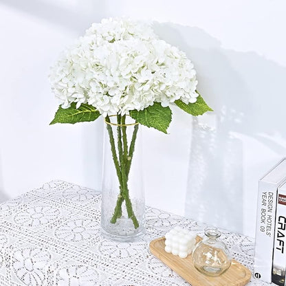 Waipfaru 21" Real Touch White Hydrangea Artificial Flowers with Long Stem & Leaves, Full Latex Faux Hydrangea Flowers for Home Decor Party Floral Arrangements Wedding Bouquets Centerpieces, 3Pcs