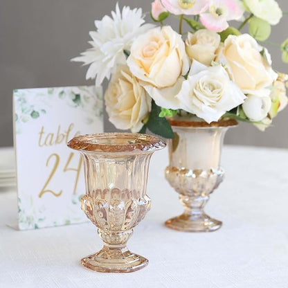 Efavormart 2 Pack Classic Roman Urn Style Amber Glass Flower Vases, Mini Pedestal Vase Table Centerpieces - 6"