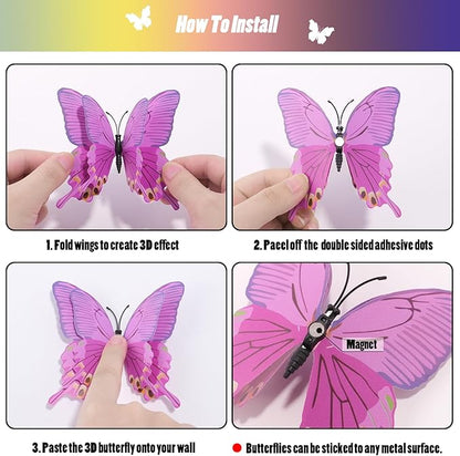 SAOROPEB 3D Butterfly Wall Decor, 72 Pcs Double Layer Butterfly Decorations for Party Decorations Locker Decor Refrigerator Decal, Reusable (Purple)