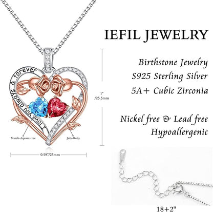 Iefil Rose Heart Double Birthstone Necklace Gifts for Wife Her Mom Women, Birthstone Jewelry Gemstone Birthday Gifts for Girlfriend Grandma Her Wife Women