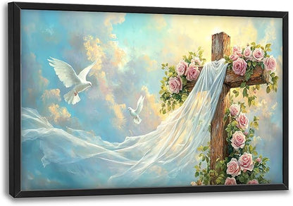 Christian Cross Large Wall Art Religious Faith Hope Pictures Wall Decor Dove Flowers Heaven Canvas Painting Prints Framed Artwork Home Church Decorations for Prayer Bedroom Living Room 36"x24"